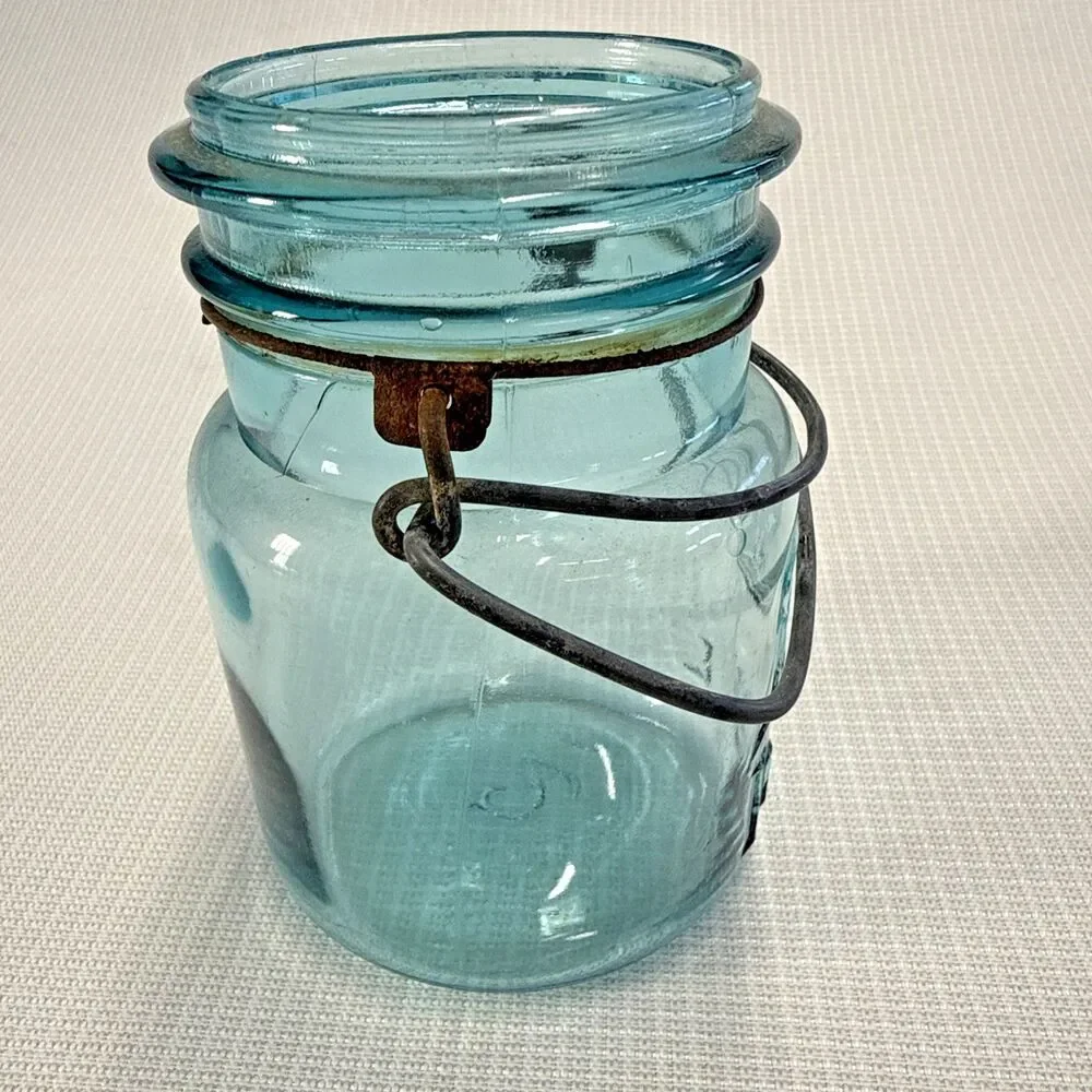 Vintage Ball Ideal Mason Jar Aqua Blue Glass w/ Wire RARE #2 - no lid, not dated